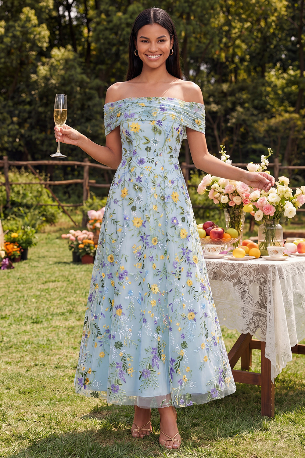Off the Shoulder Floral Blue A Line Embroidered Wedding Guest Dress