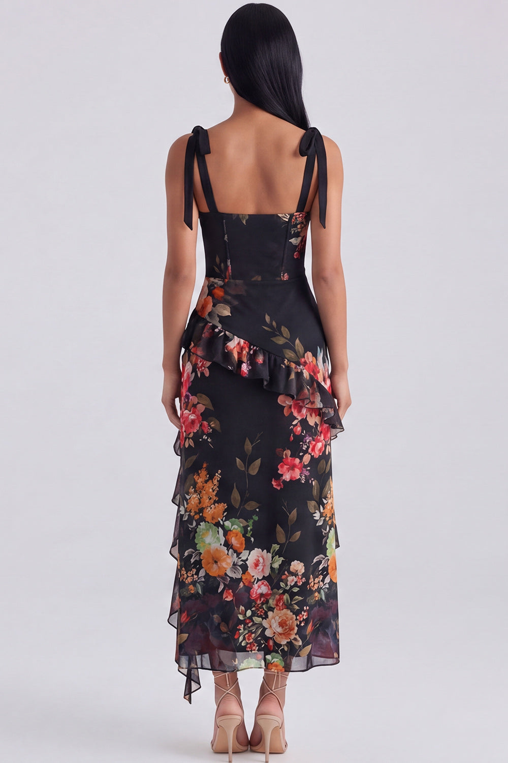 Ivory Printed Corset Sheath Bowed Wedding Guest Dress with Ruffles