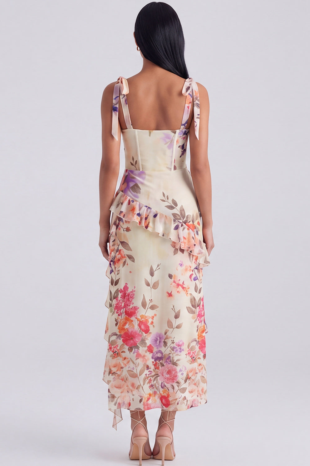 Ivory Printed Corset Sheath Bowed Wedding Guest Dress with Ruffles