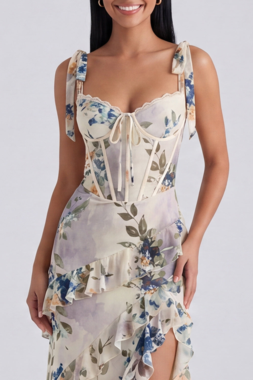 Ivory Printed Corset Sheath Bowed Wedding Guest Dress with Ruffles
