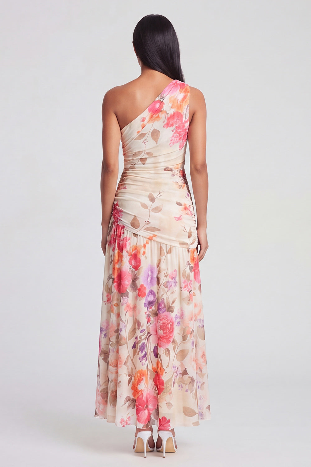 Ivory One Shoulder Ruched Printed A Line Wedding Guest Dress