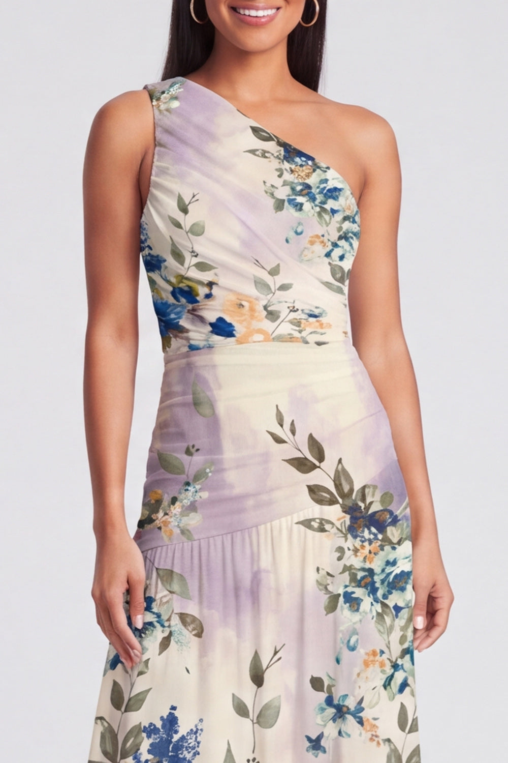Ivory One Shoulder Ruched Printed A Line Wedding Guest Dress