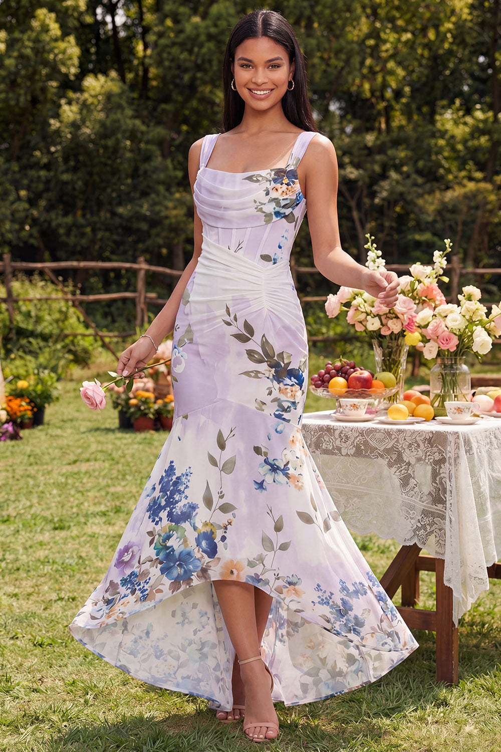 High Low Ivory Mermaid Ruched Printed Corset Wedding Guest Dress