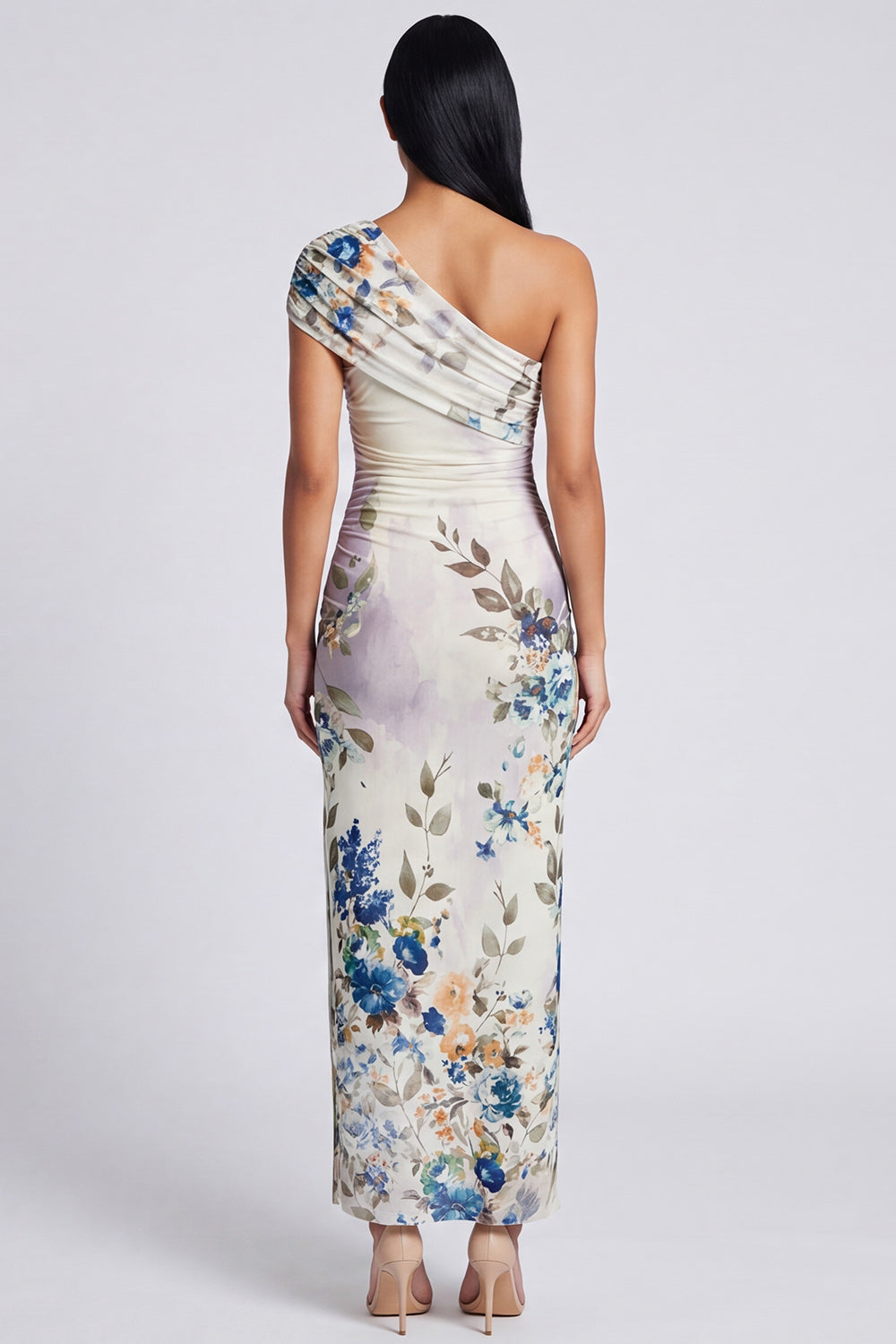 Black One Shoulder Ruched Printed Maxi Wedding Guest Dress