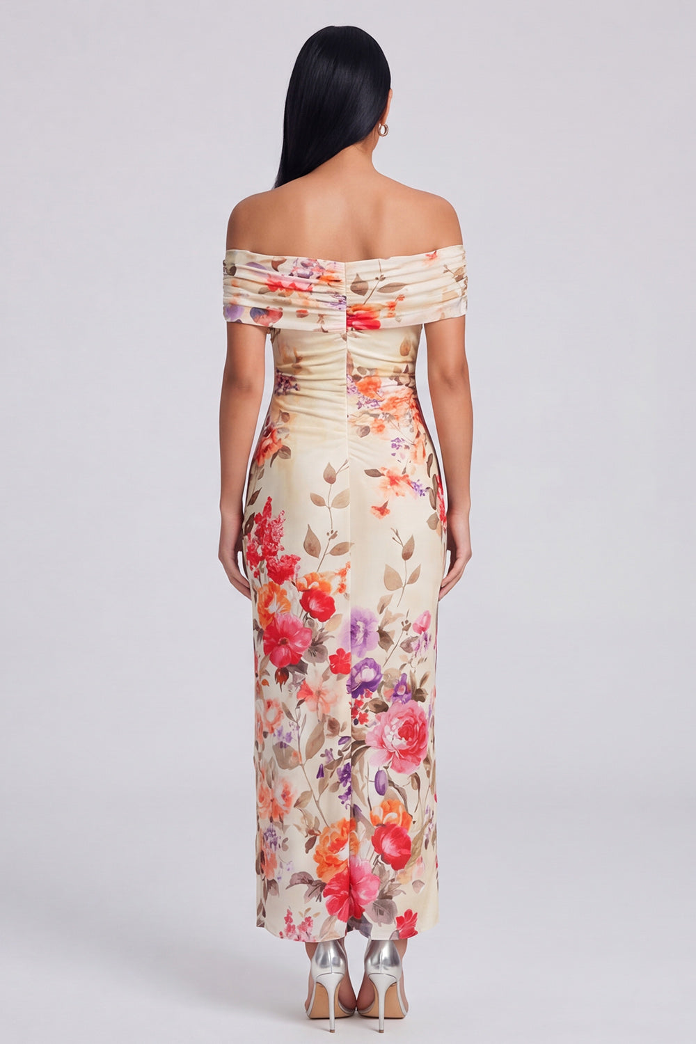 Off the Shoulder Ivory Ruched Printed Bodycon Wedding Guest Dress