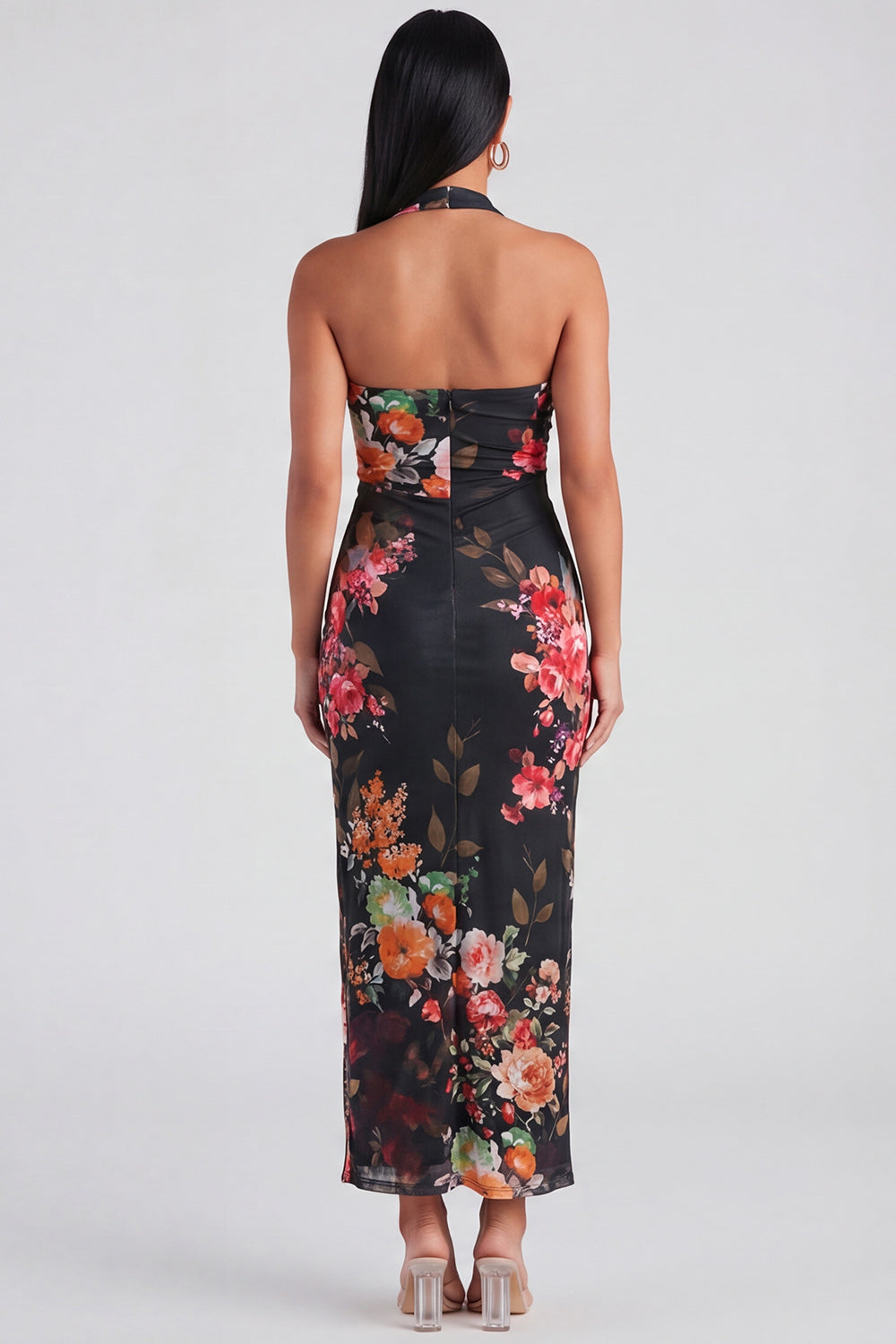 Halter Floral Champagne Printed Bodycon Wedding Guest Dress