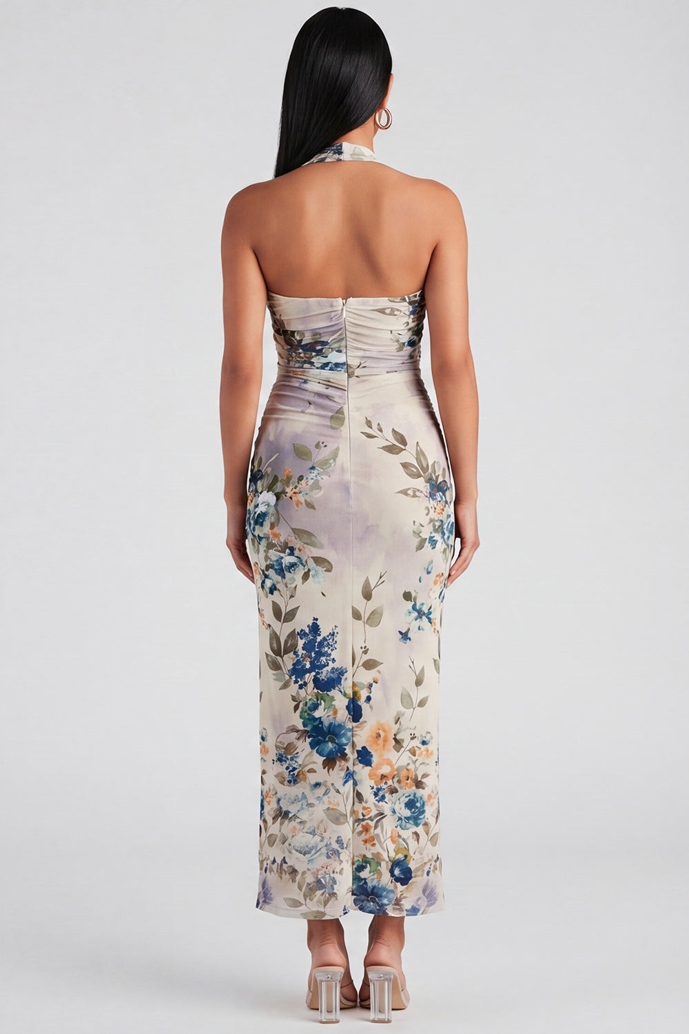 Halter Floral Champagne Printed Bodycon Wedding Guest Dress