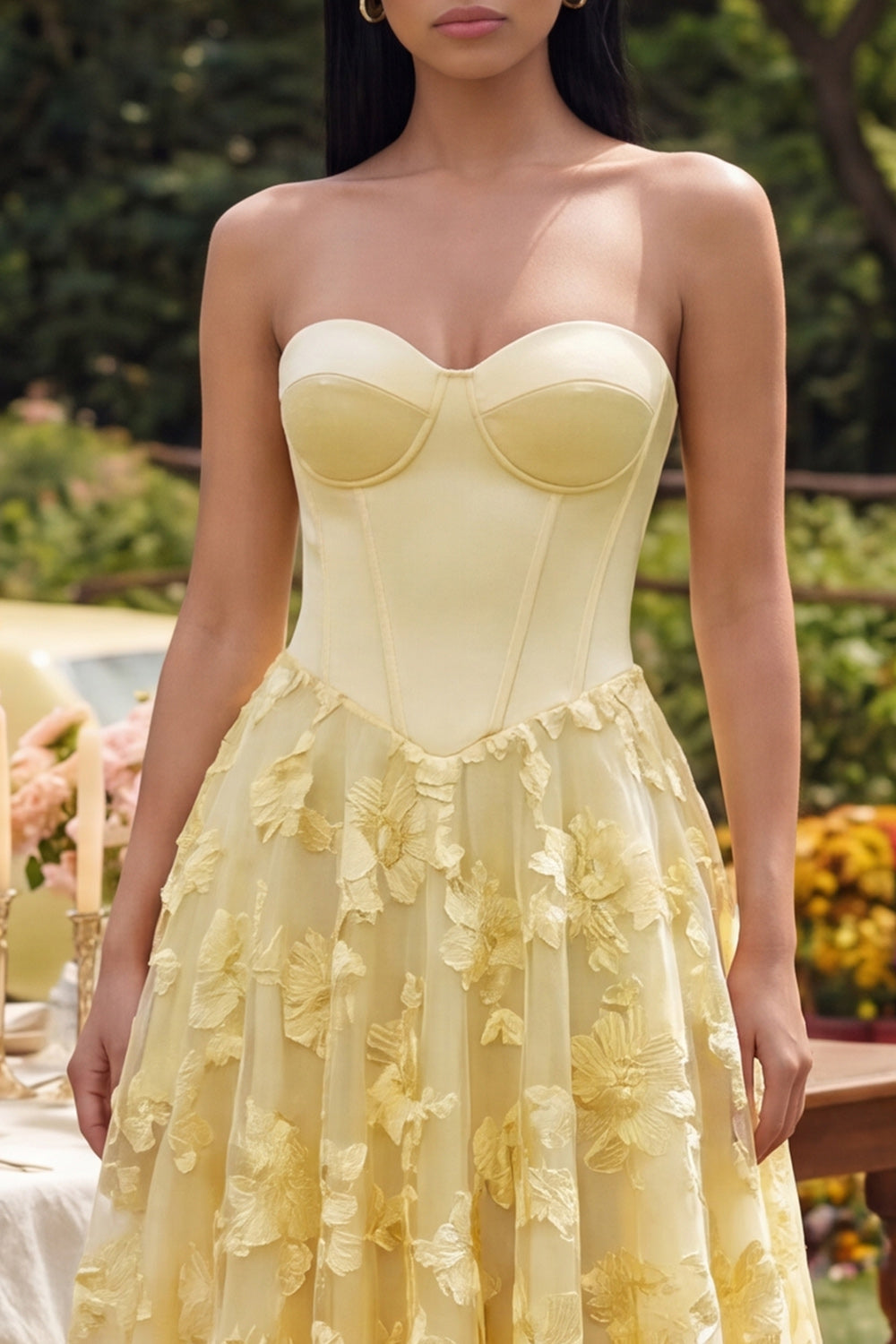 Yellow Strapless Appliqued A Line Corset Wedding Guest Dress