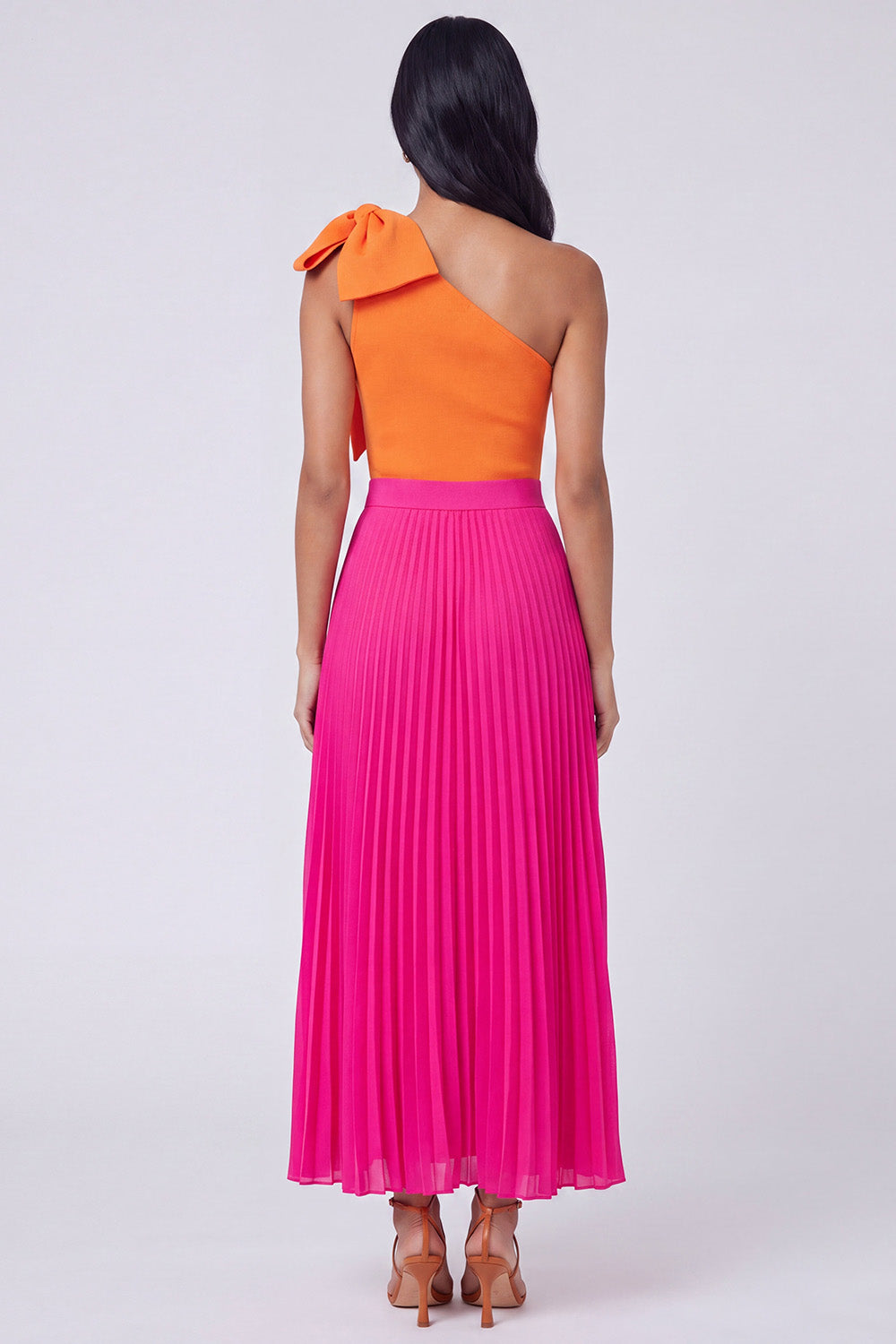 One Shoulder Bowed ColorBlock Orange and Fuchsia A Line Formal Dress
