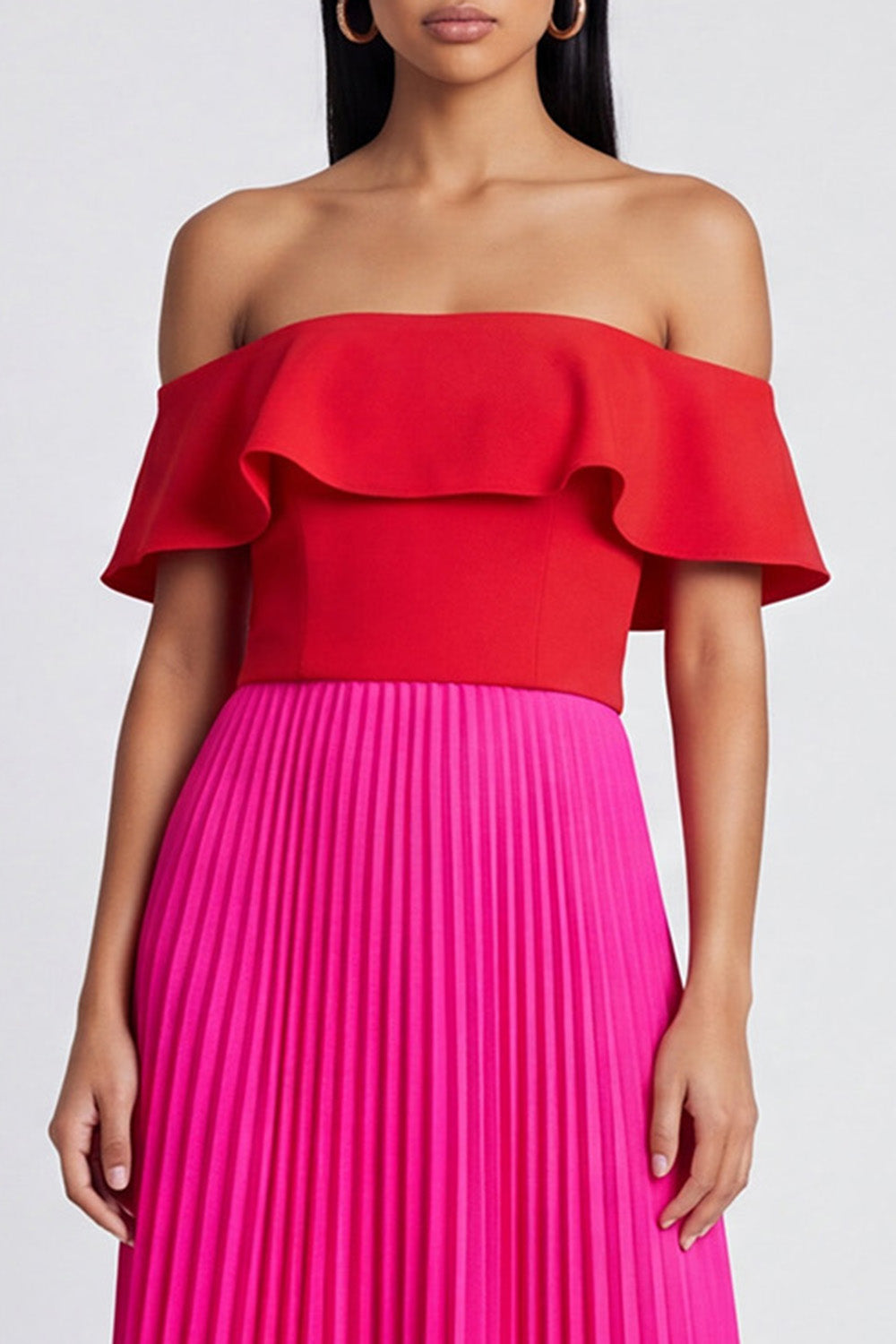 Off the Shoulder Pleated Ruffled ColorBlock Fuchsia and Red Formal Dress