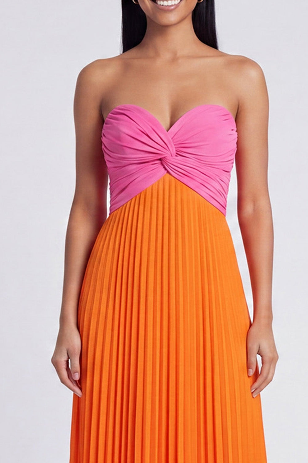 Strapless Pink and Orange ColorBlock Pleated A Line Formal Dress