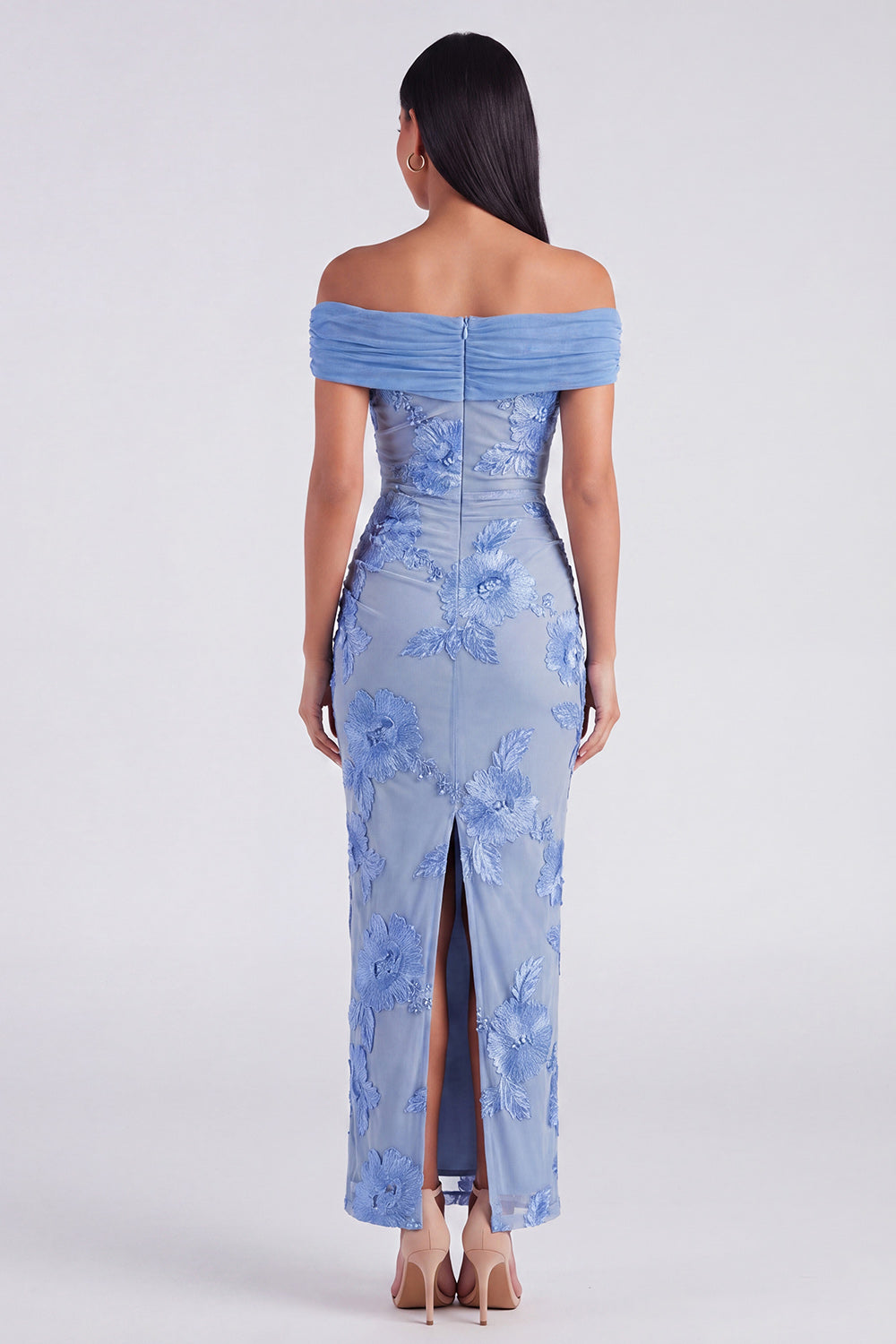 Blue Off the Shoulder Appliqued Bodycon Wedding Guest Dress