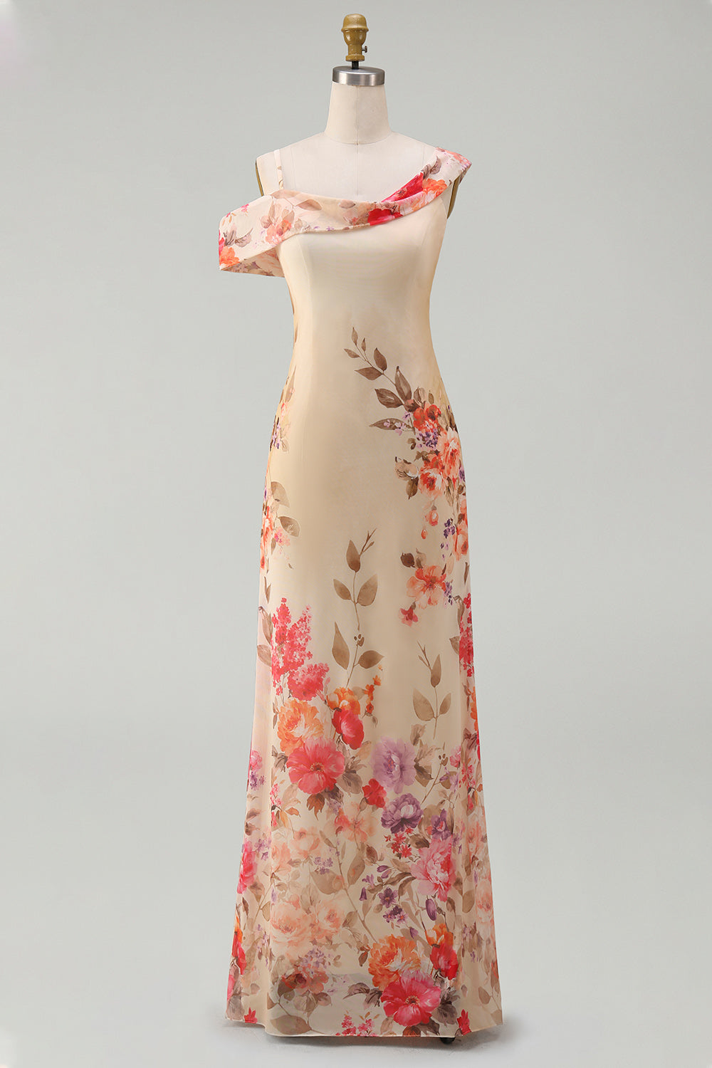 Asymmetrical Neck Printed Champagne Maxi Wedding Guest Dress