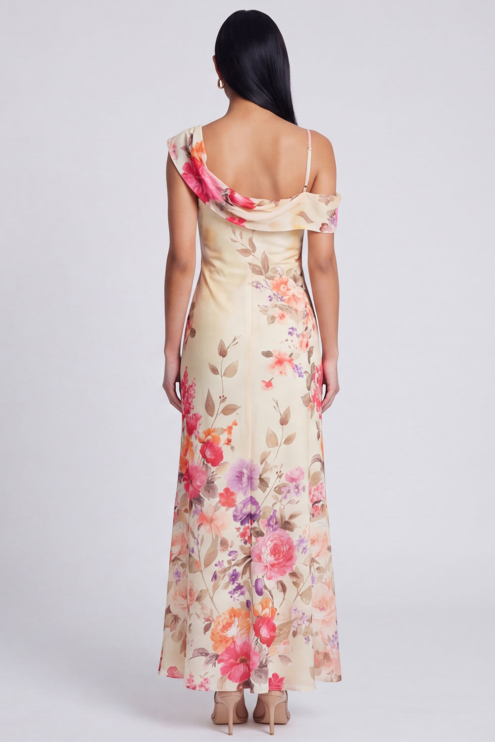 Asymmetrical Neck Printed Champagne Maxi Wedding Guest Dress