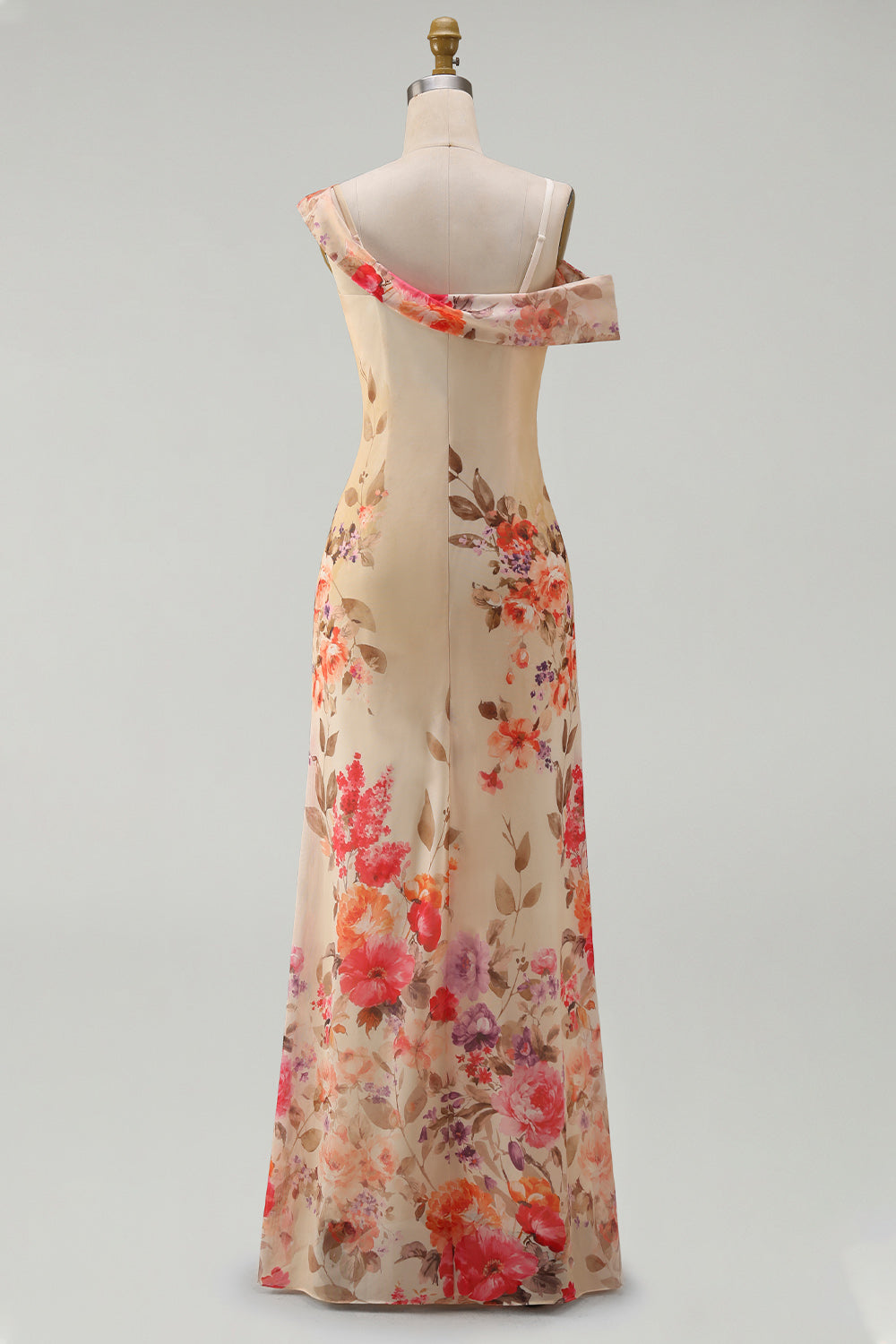 Asymmetrical Neck Printed Champagne Maxi Wedding Guest Dress