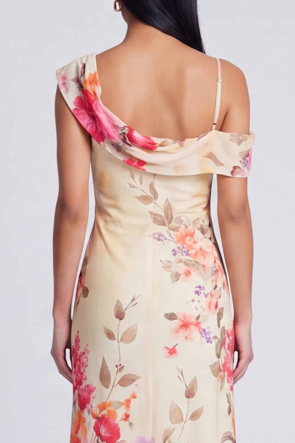 Asymmetrical Neck Printed Champagne Maxi Wedding Guest Dress