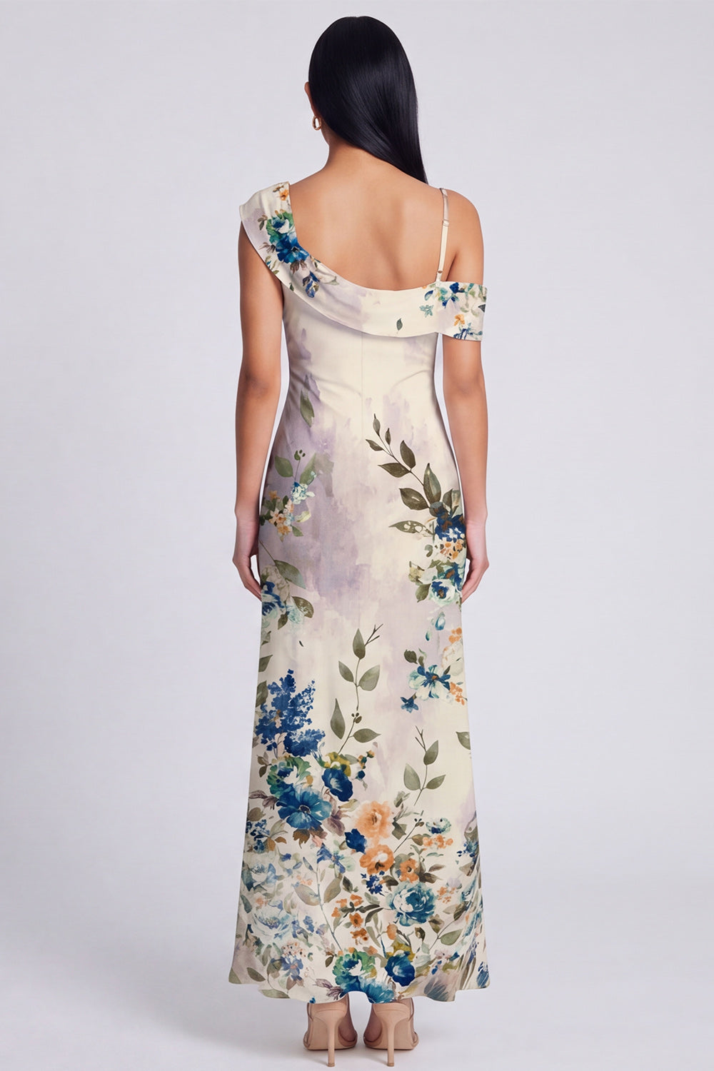 Asymmetrical Neck Printed Champagne Maxi Wedding Guest Dress