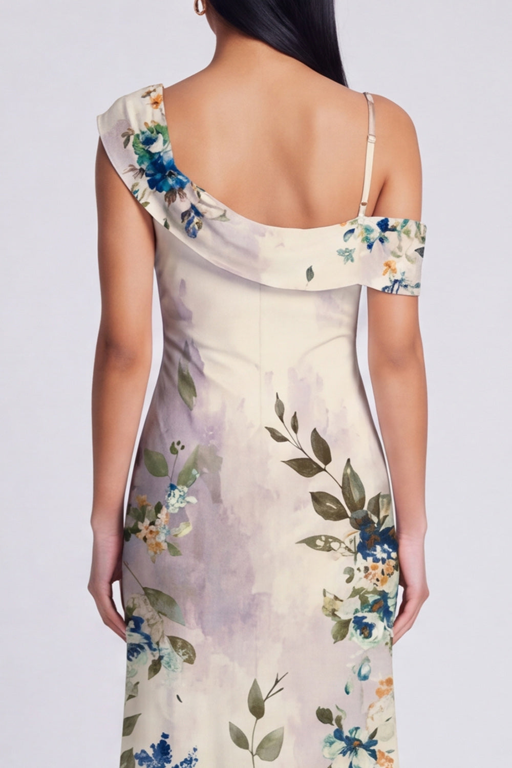 Asymmetrical Neck Printed Champagne Maxi Wedding Guest Dress