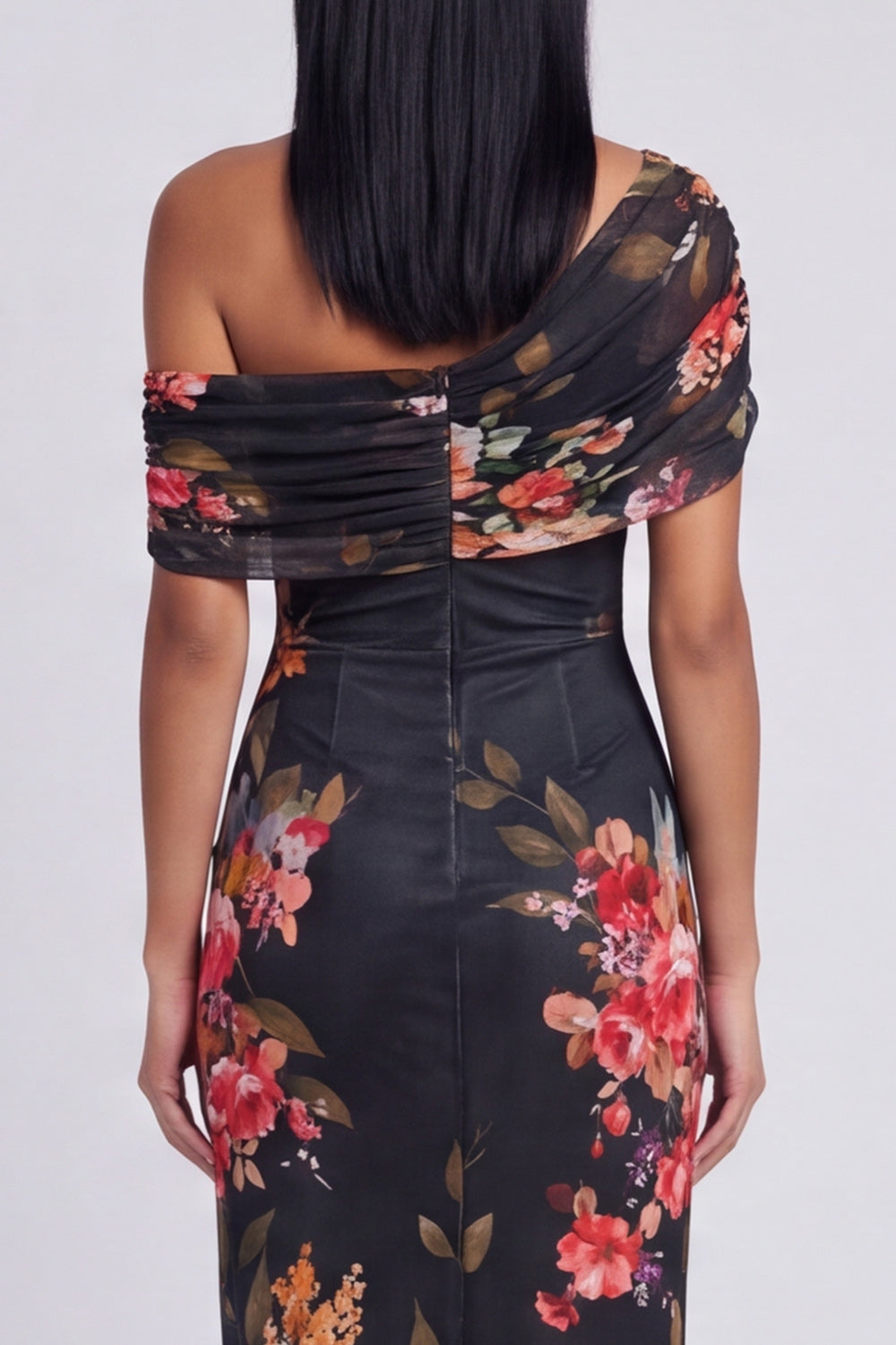 Ivory Asymmetrical Neck Printed Ruched Sheath Wedding Guest Dress