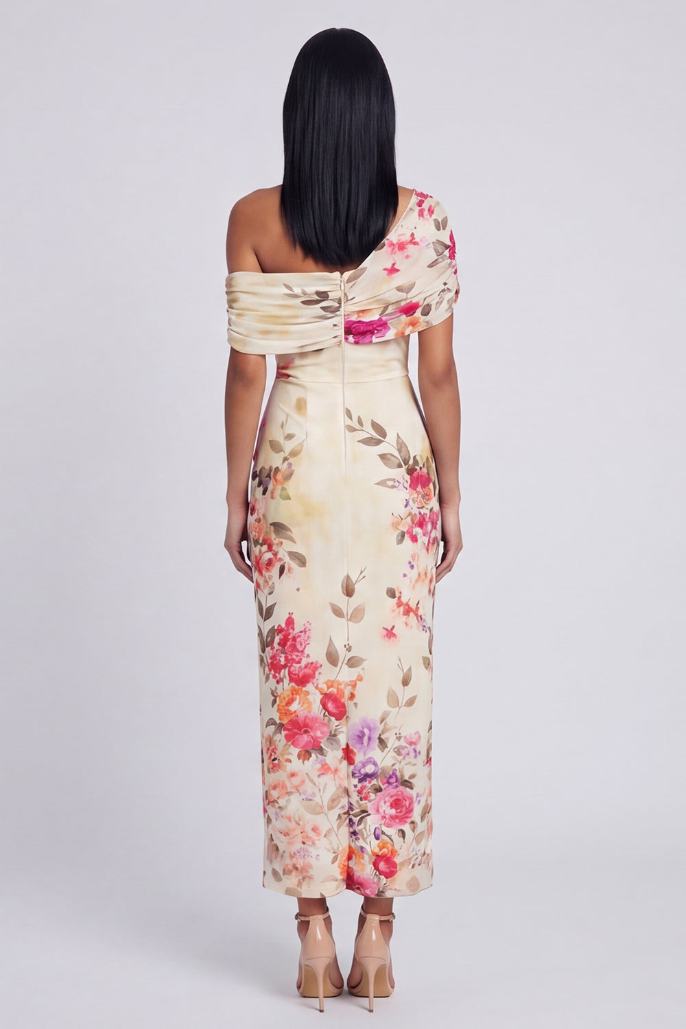 Ivory Asymmetrical Neck Printed Ruched Sheath Wedding Guest Dress