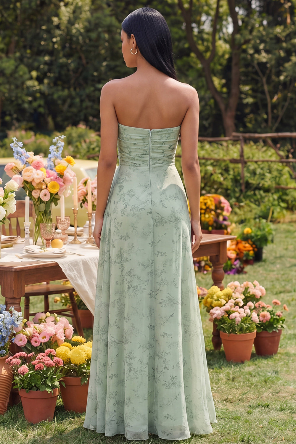 Dusty Sage Strapless Cut Out A Line Ruched Wedding Guest Dress
