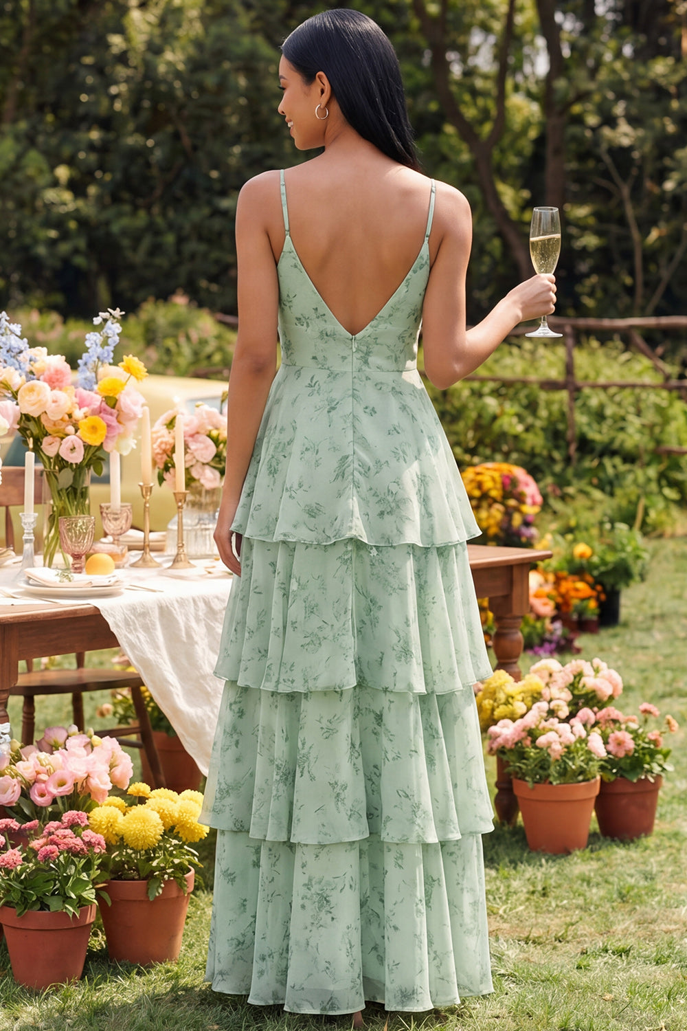Tiered A Line Dusty Sage Wedding Guest Dress with Slit