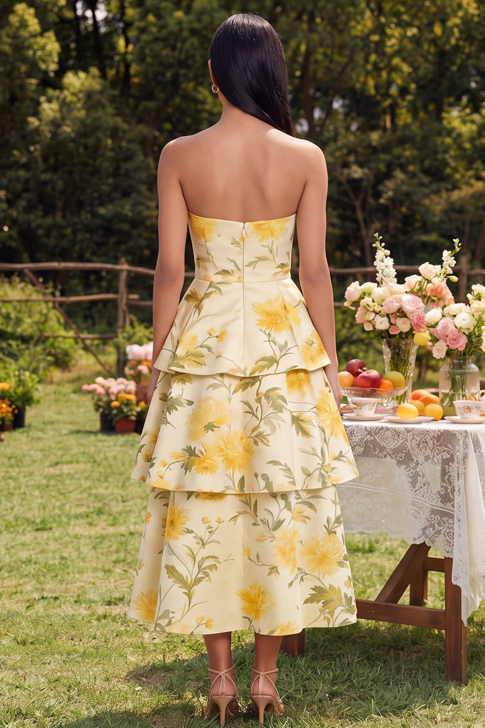 Strapless Yellow A Line Printed Tiered Wedding Guest Dress