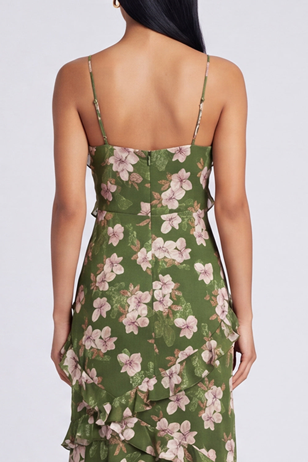 Dark Green Printed Ruffled Sheath Wedding Guest Dress