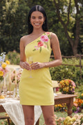 One Shoulder Yellow Printed Bodycon Mini Wedding Guest Dress