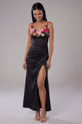 Black Floral Appliqued Mermaid Wedding Guest Dress with Slit