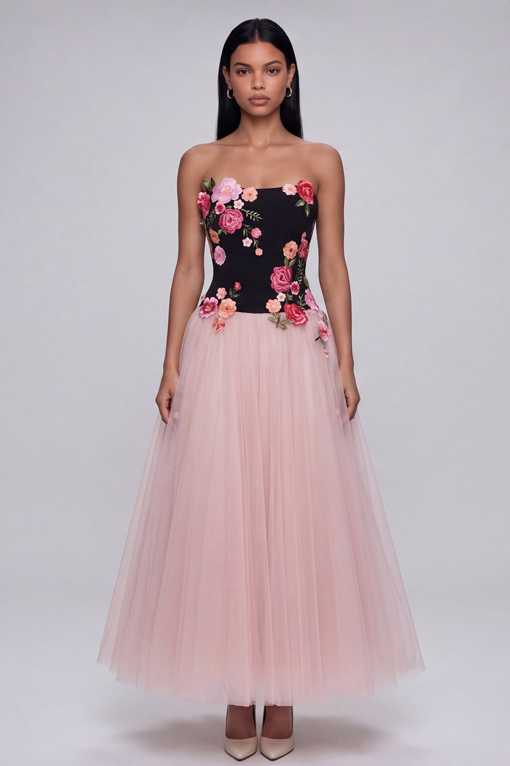 Black and Pink Floral Strapless A Line Tulle Wedding Guest Dress
