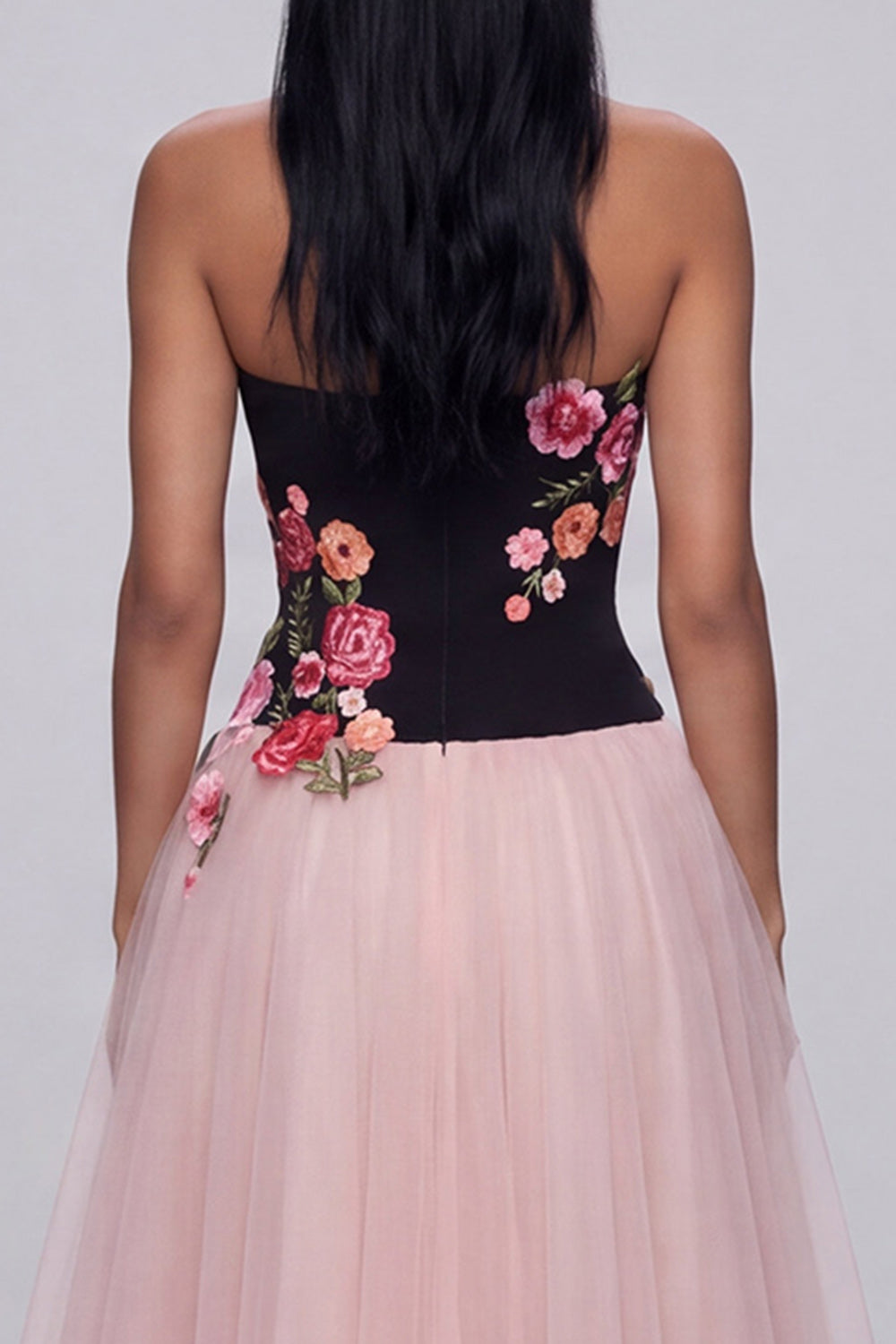 Black and Pink Floral Strapless A Line Tulle Wedding Guest Dress