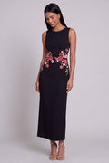 Black Floral Round Neck Maxi Wedding Guest Dress