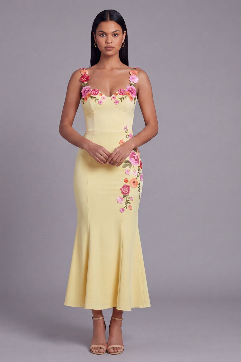 Floral Light Yellow Appliqued Mermaid Wedding Guest Dress