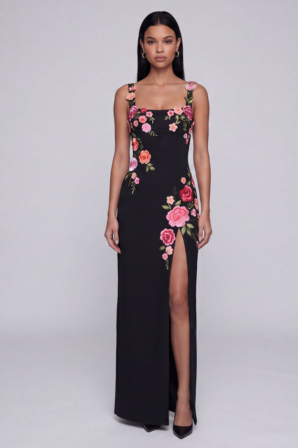 Floral Black Sheath Maxi Wedding Guest Dress with Slit