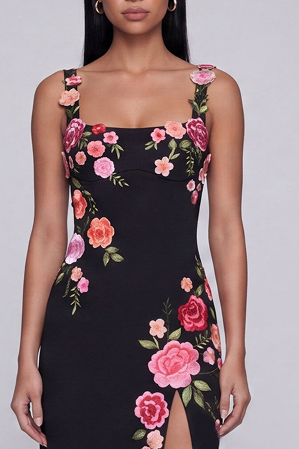 Floral Black Sheath Maxi Wedding Guest Dress with Slit