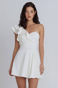 One Shoulder Ruffled Ruched Mini White Dress