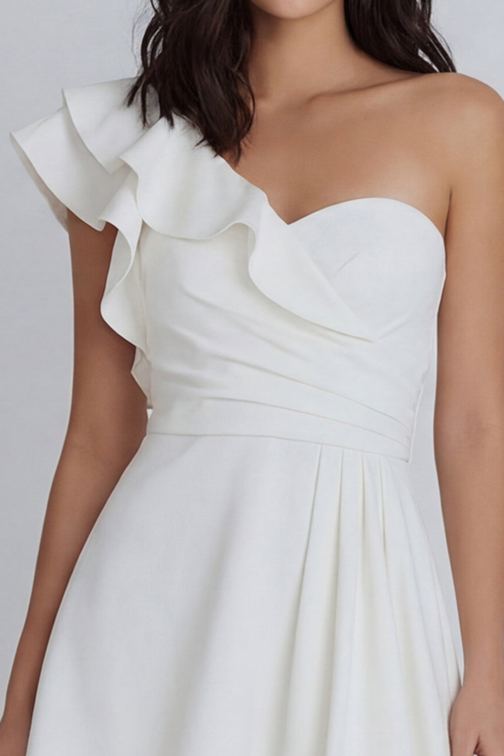 One Shoulder Ruffled Ruched Mini White Dress