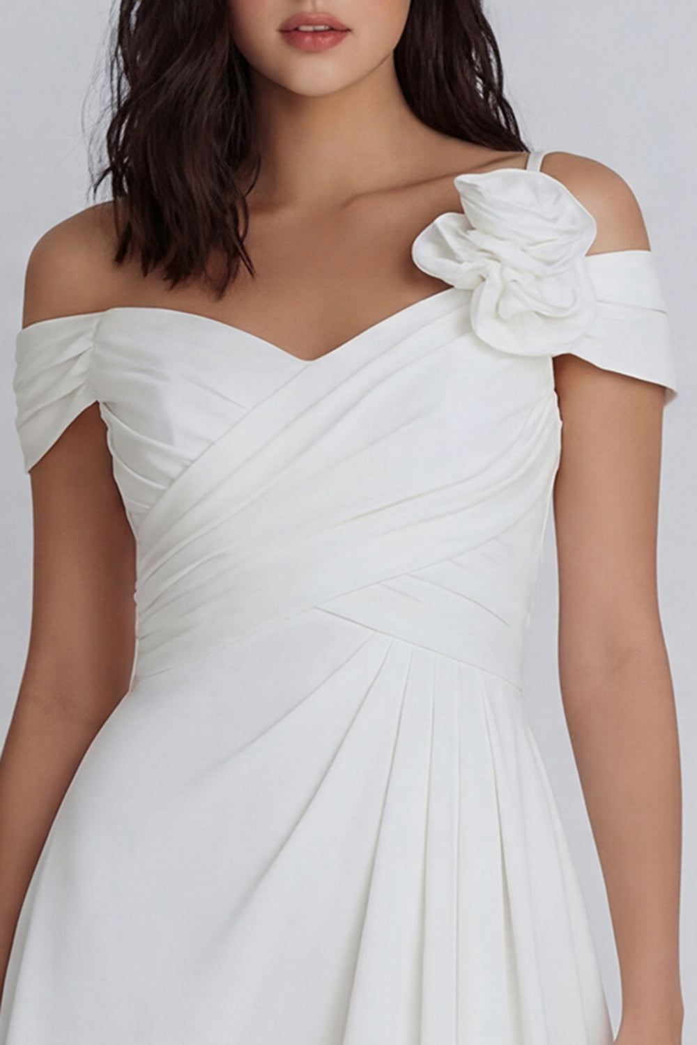 3D Flower Asymmetrical Neck A Line Ruched Mini White Dress