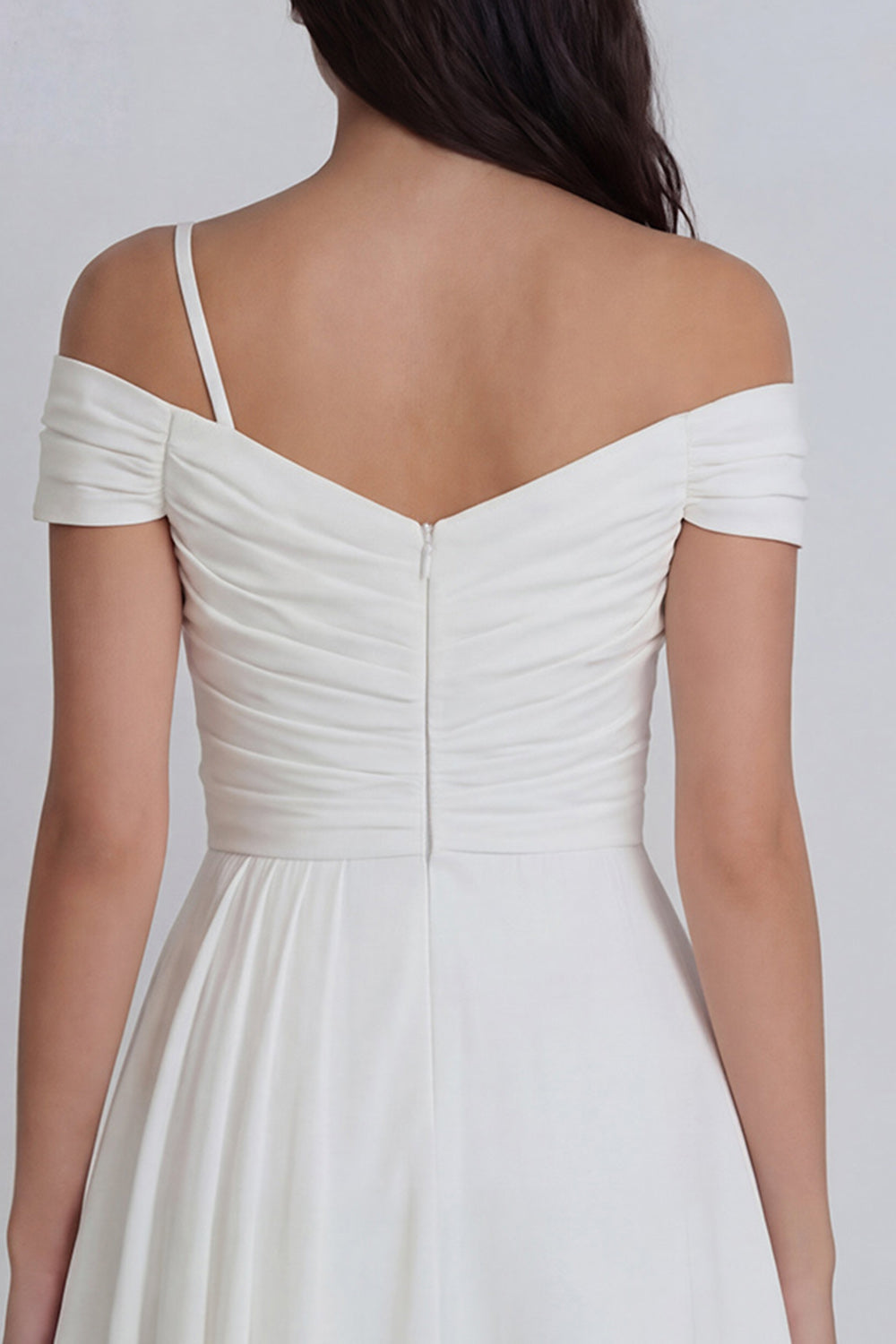 3D Flower Asymmetrical Neck A Line Ruched Mini White Dress