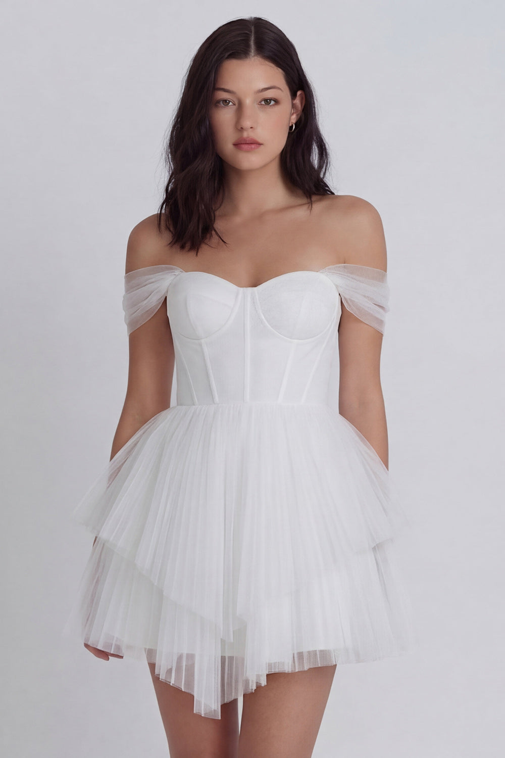 Off the Shoulder Corset A Line Tulle Mini White Dress