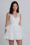 A Line Ruffled V Neck Mini White Dress with Bow