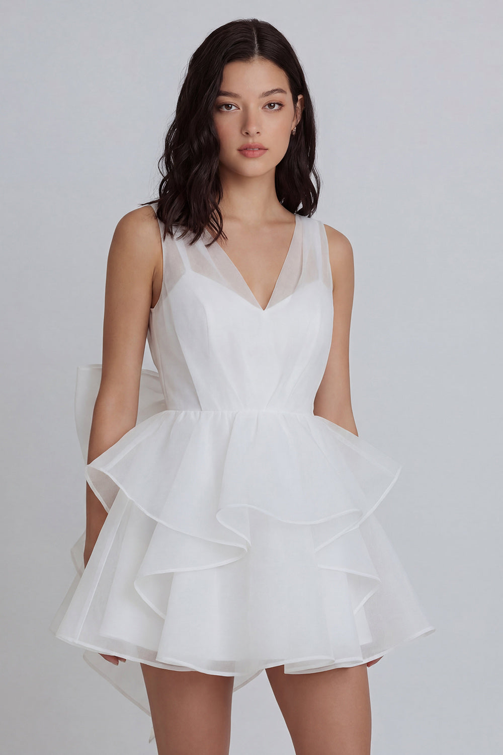 A Line Ruffled V Neck Mini White Dress with Bow
