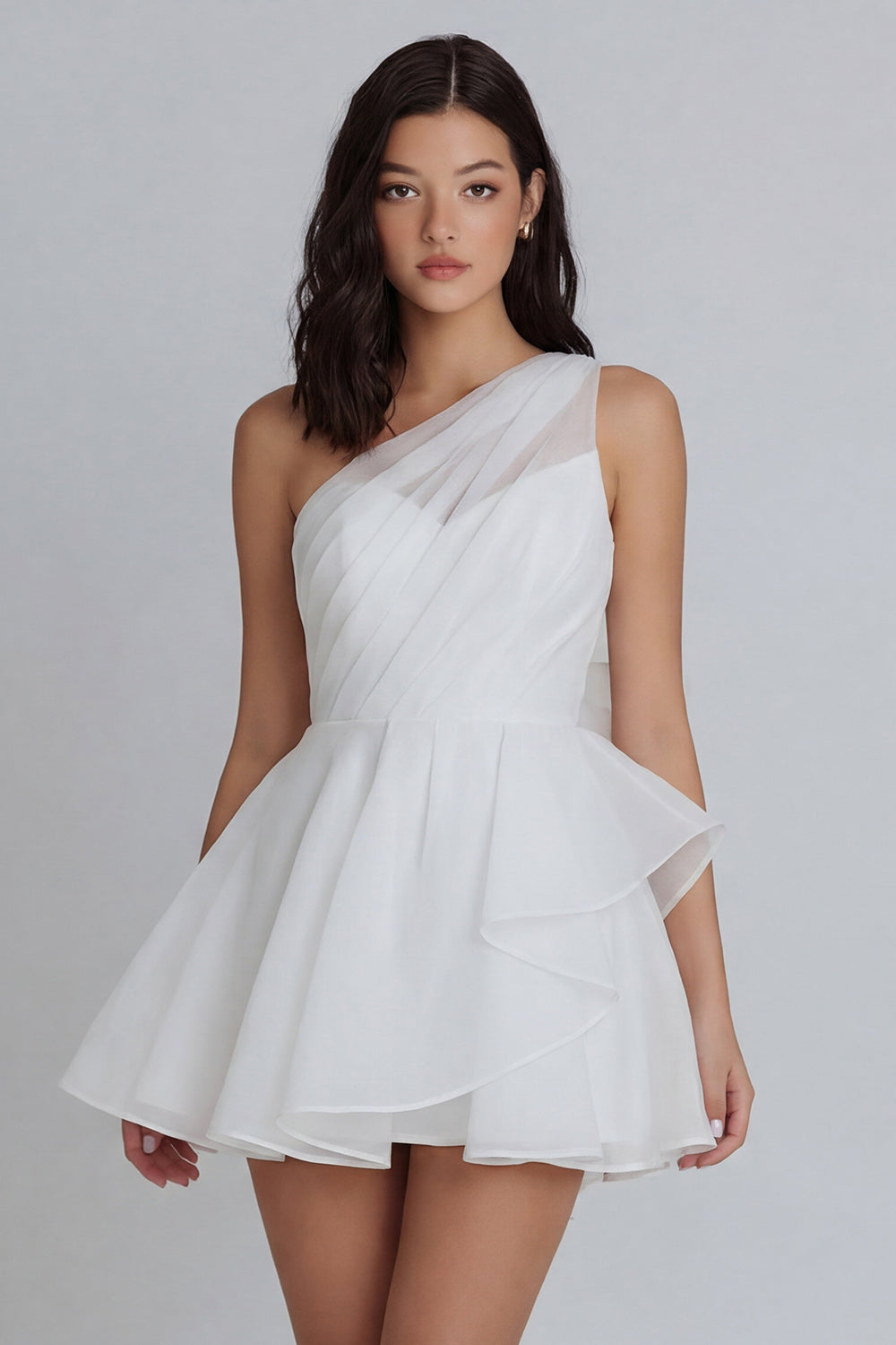 A Line One Shoulder Mini White Dress with Ruffles