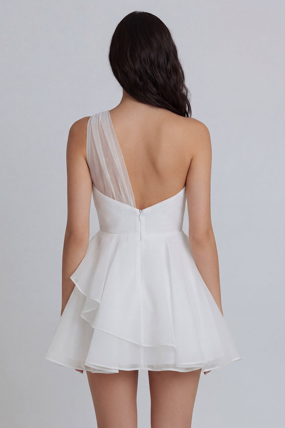 A Line One Shoulder Mini White Dress with Ruffles