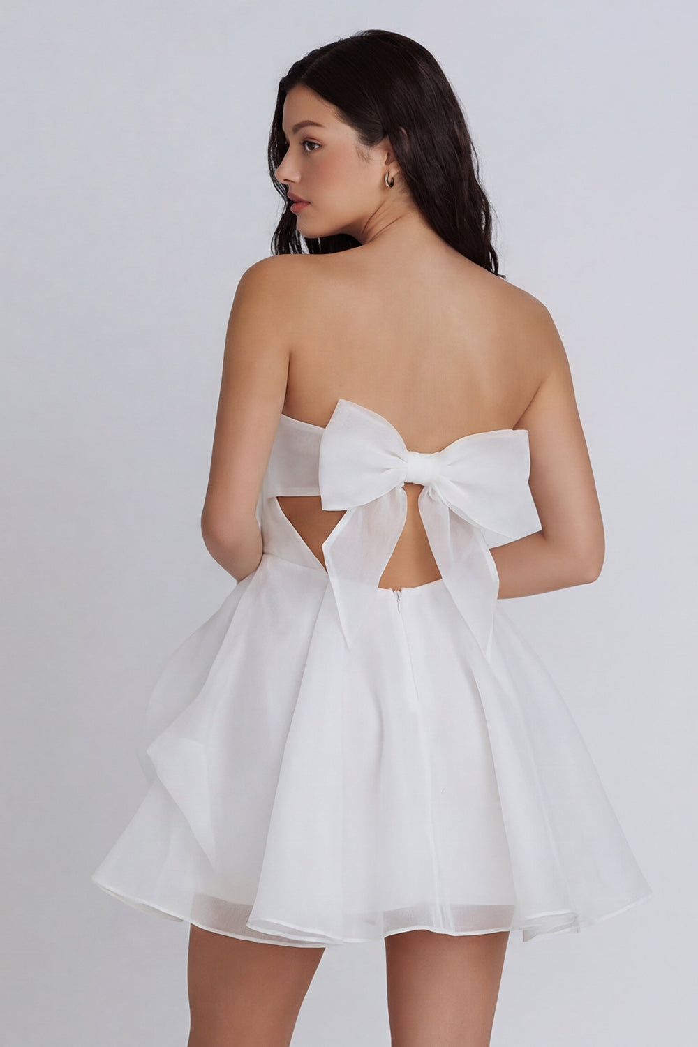 A Line Strapless Ruched Cut Out Mini White Dress with Bow