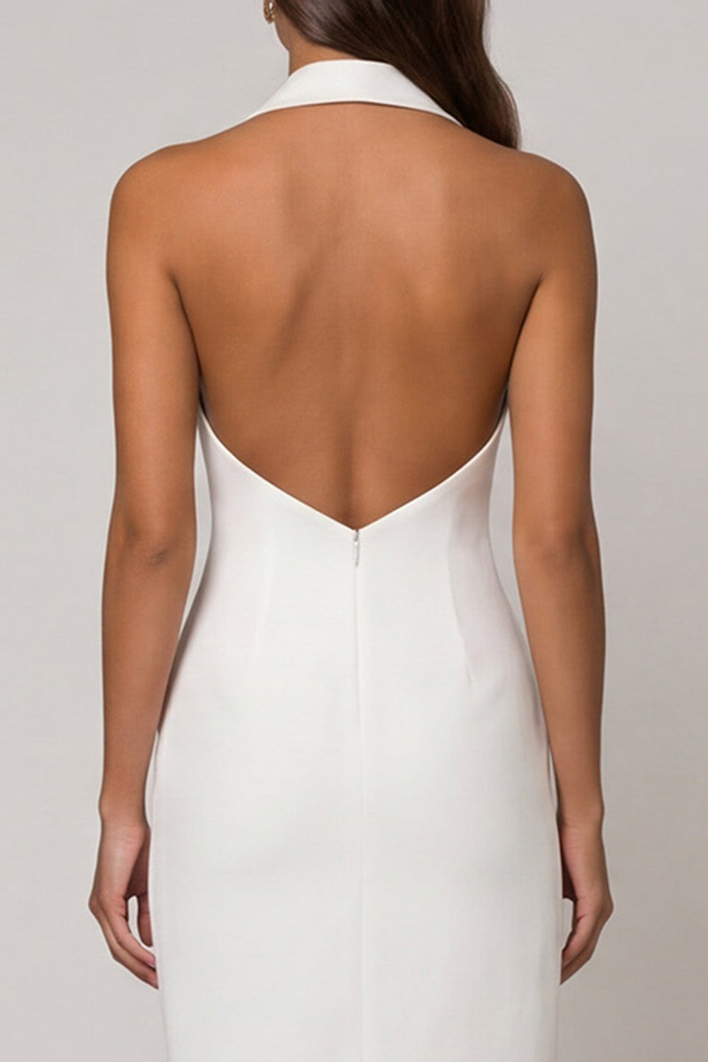 Halter Peaked Lapel White Bodycon Midi Work Dress