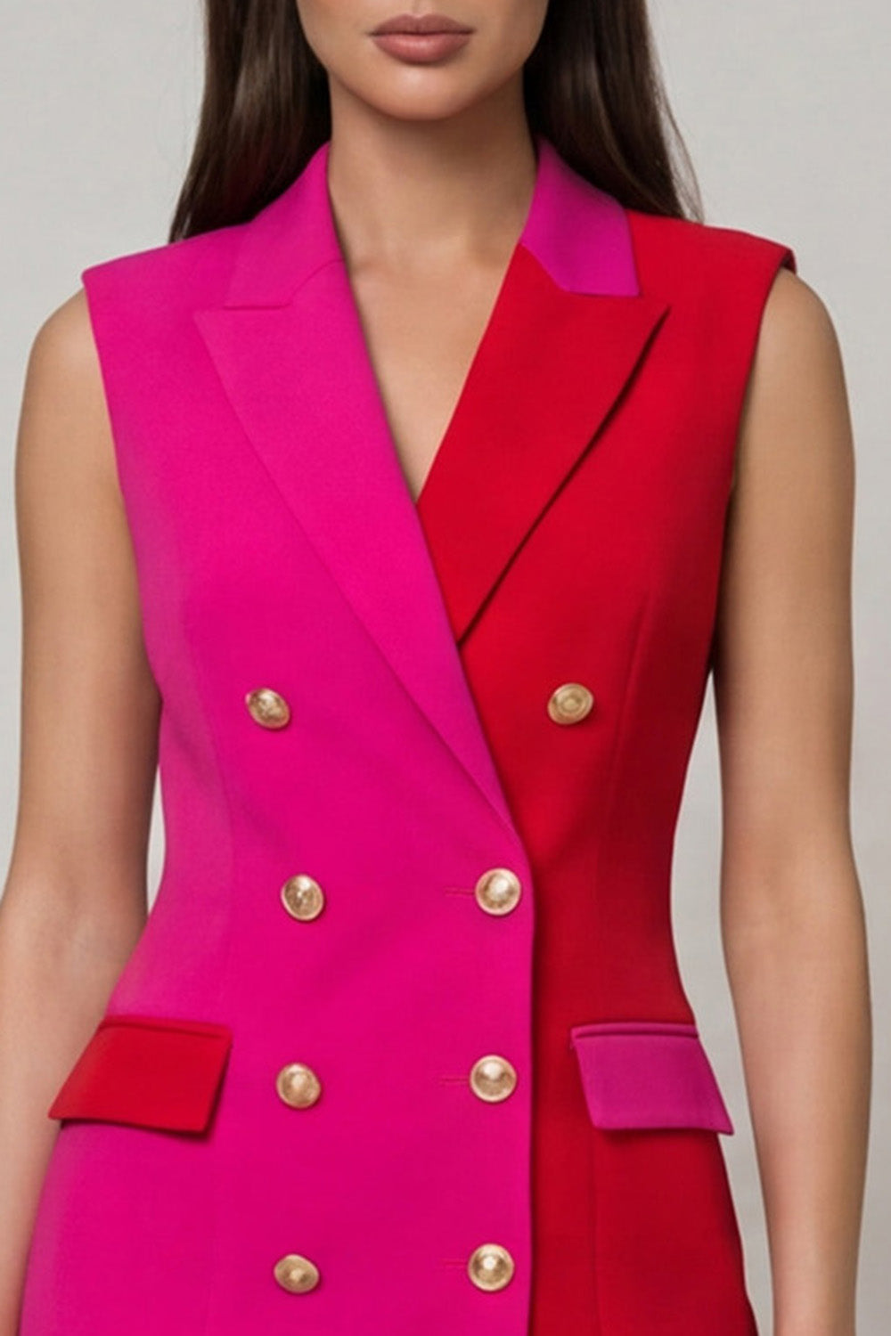 Peaked Lapel ColorBlock Fuchsia and Red Bodycon Mini Work Dress