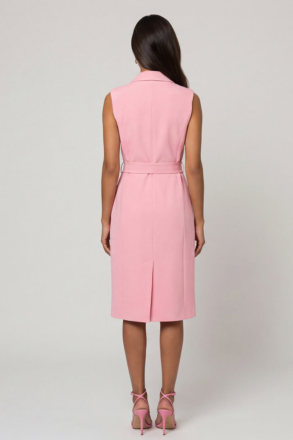 Shawl Lapel Bodycon Pink Midi Work Dress with Sash