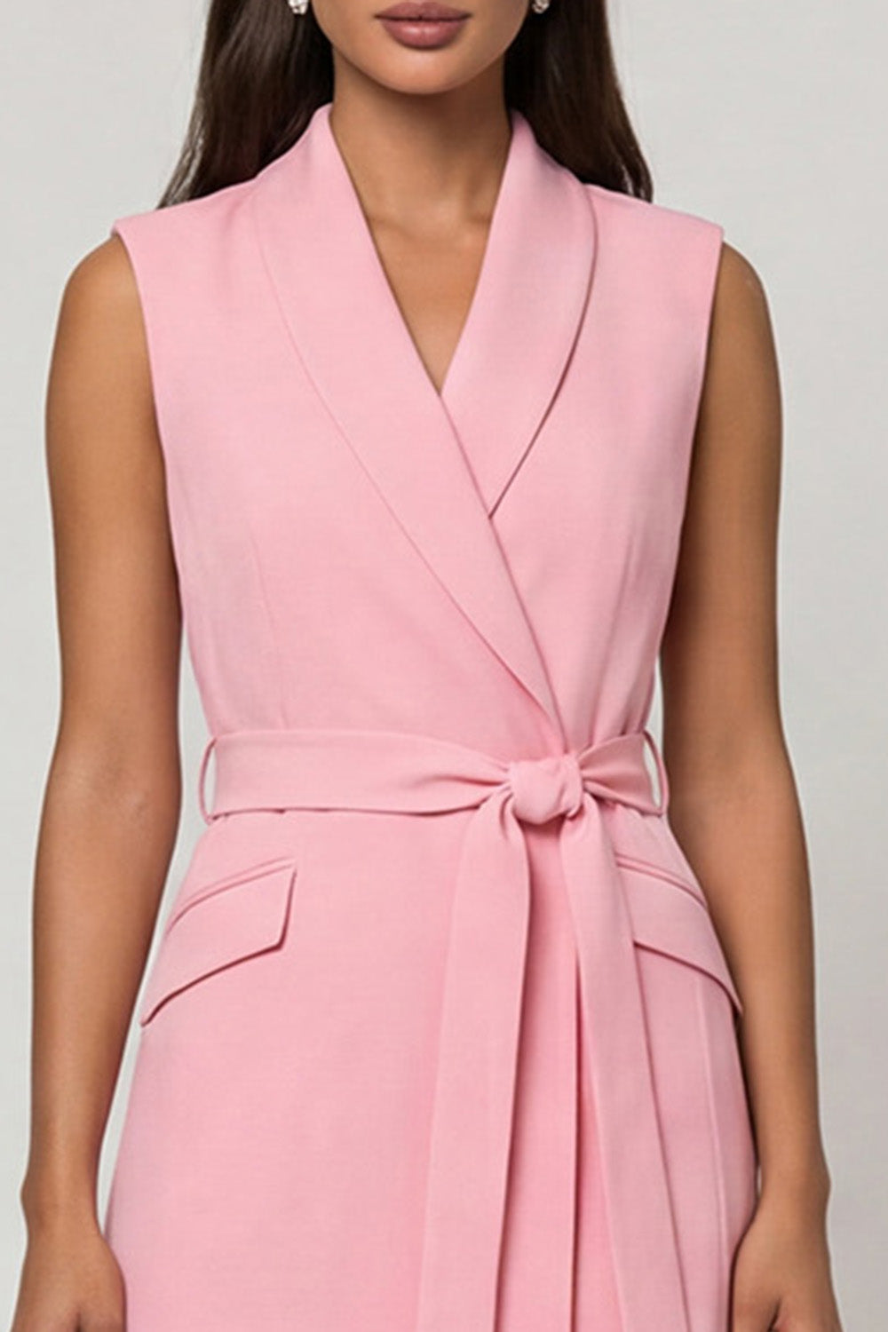 Shawl Lapel Bodycon Pink Midi Work Dress with Sash